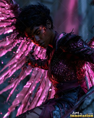 Crouching low in stone ruins, a winged woman in dark armor glares forward under pink light