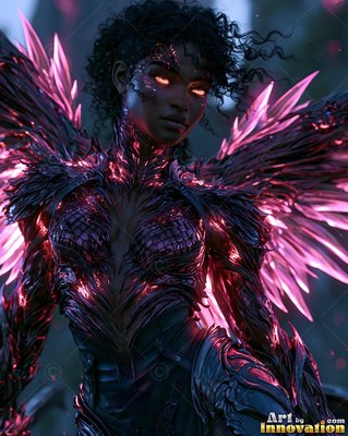 A woman in dark armor spreads bright pink feathered wings with shining eyes