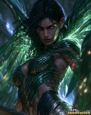 Staring forward, a winged dark-haired woman wears green scale armor in soft light