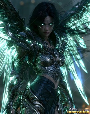 Silver scale armor covers a woman with sharp blade wings standing in a foggy night
