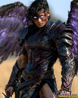 A woman with wings in dark armor stands in a field with shining white eyes and purple feathers
