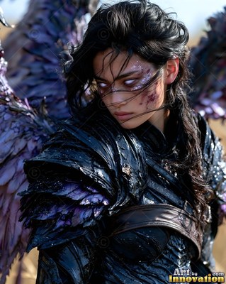 A woman in black armor looks over her shoulder with purple wings