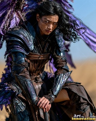 In a sunny desert, a kneeling woman rests in dark metal armor with purple wings