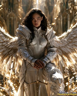 Kneeling with a sword, a woman with wings in white armor stares forward in soft light