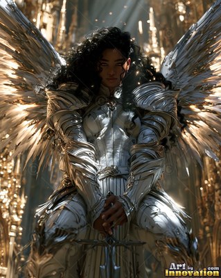 Winged silver-clad woman armor resting her hands on a sword hilt