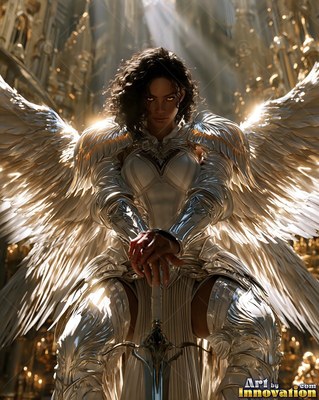 Silver breastplate shines on a winged woman resting her hands on a sword in a bright hall