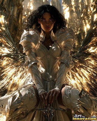 A feathered woman in white armor sits holding a sword hilt in bright golden light