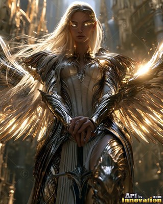 Standing front and center in a stone hall, a winged woman rests hands on a sword