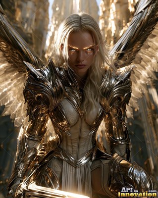 In bright sunlight, a woman with wings crouches in shiny gold and shining silver armor