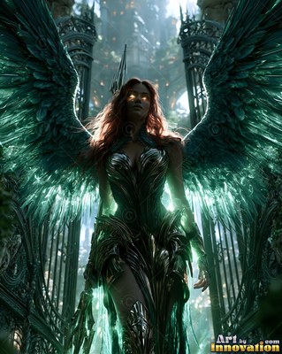 A winged woman in dark armor stands before high iron gates