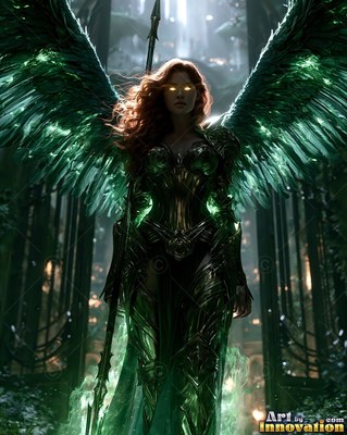 Wearing dark green armor before tall arched gates, a feathered woman stands with a spear