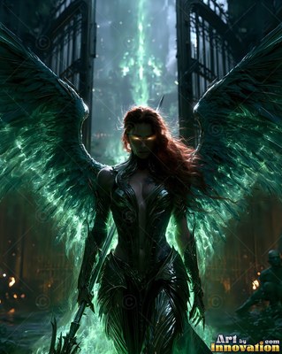An armored winged woman stands at open iron gates, lit by green light