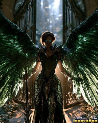 A woman in dark armor spreads large green wings before a tall gate