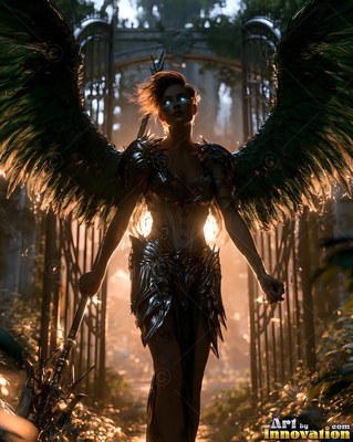 Standing before iron gates, a feathered woman in dark armor holds a staff in warm light