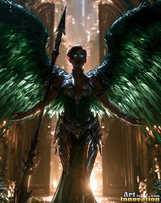 A silver-clad woman armor with green wings holds a spear