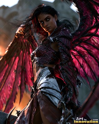 Dark scale armor covers a winged woman standing outside stone castle ruins in warm sunset light