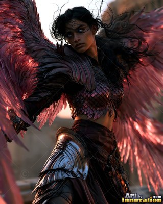 An armored woman with wings turns her head back into the pink sunlight