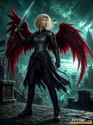 Standing on a dark city roof, a woman wields a sword with red wings spread behind her