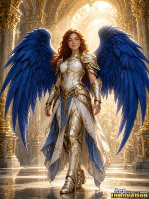 A smiling woman in white and shining gold armor stands with blue wings in a bright hall