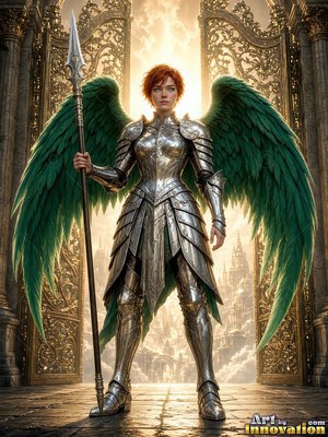 Before tall golden gates, an armored woman with green wings stands holding a spear