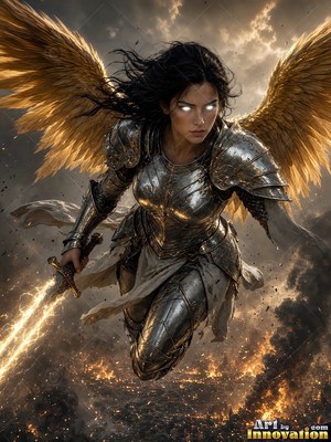 Flying downward, an armored woman with golden wings grips a sword of lightning