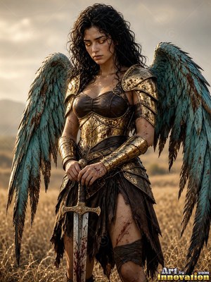 Woman in golden armor with blue wings carries a sword