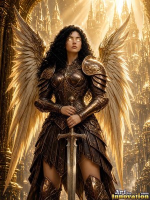 Dark curly hair frames a winged woman holding a sword before tall golden towers