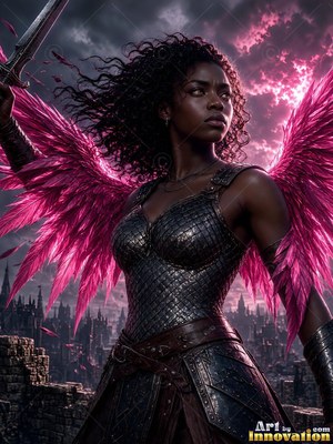 A woman with pink wings holds up a sword above a city under a dark pink sky