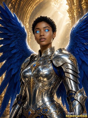 Facing forward in a golden hall, an armored woman spreads blue wings