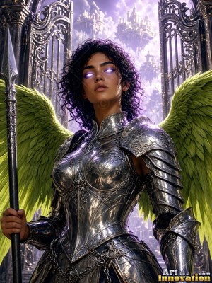 A woman wearing silver armor with green wings holds a spear before high gates