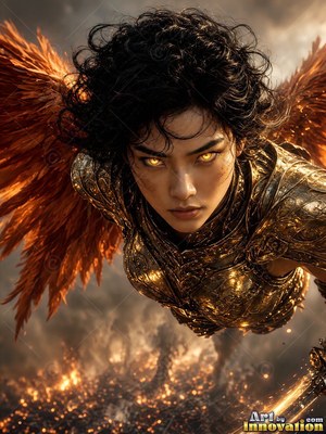 Above a fiery battlefield, a woman with wings in gold armor flies downward with yellow eyes
