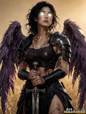 Holding a broadsword, a woman in black armor stands with purple wings and bright white eyes