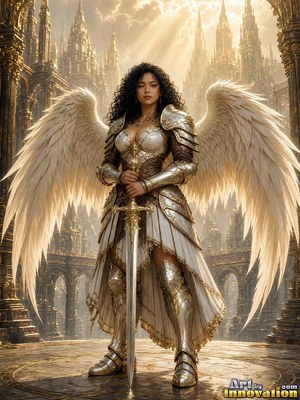 Woman with wings in a suit of silver armor leaning on a sword