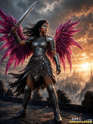 Bright pink feathered wings spread behind an armored woman holding a sword above a distant city at sunset