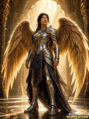 A woman with wings in silver armor stands tall under warm golden light