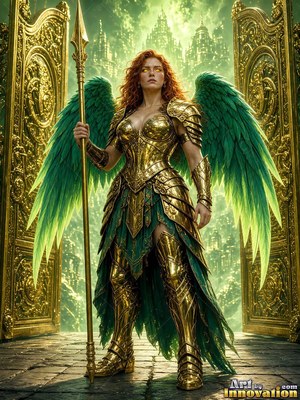 Standing before open golden gates, an armored woman holds a tall spear with green wings spread