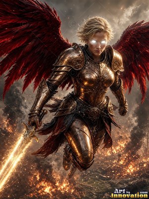 A blonde woman in bronze armor flies down with red wings and a bright sword