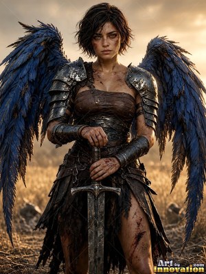 In a dry field, an armored woman with blue wings rests both hands on a sword