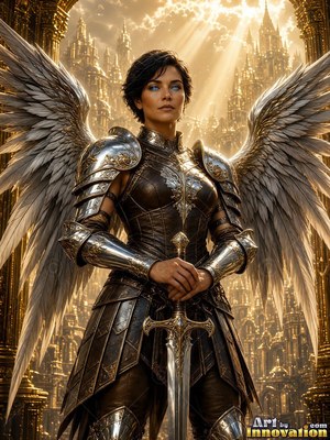 Holding a sword hilt, a winged woman in shining silver armor stands before a golden city