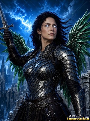 A woman in dark armor raises a sword with green wings behind her