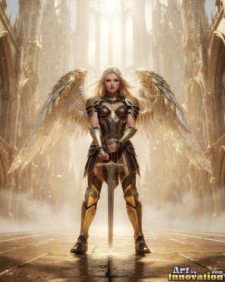 Blonde hair falls over the bronze armor of a winged woman resting on her sword in a cathedral hall