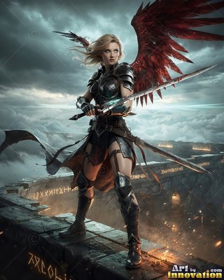 An armored blonde woman with red wings wields a sword on a wall under gray clouds