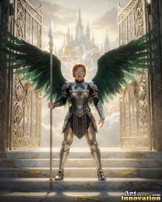 A woman with wings clad in bright silver armor grips a spear by open golden gates