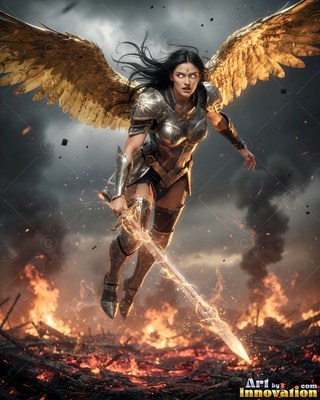 Above a fiery battlefield, an armored woman with golden wings drops down with a sword