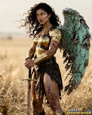 Standing in a dry field, a winged woman in shining gold armor rests her hands on a sword