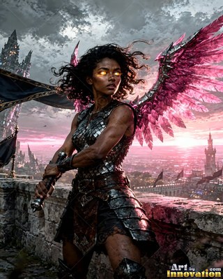 Pink crystal wings spread behind a dark-skinned woman in steel armor on a stone wall overlooking a city