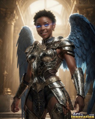 A woman in bright silver armor smiles with blue feathered wings under warm sunlight
