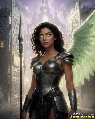 Standing before open gates, a woman with wings wearing silver armor grips a spear