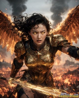 A fierce woman in golden armor grasps a sword on fire with wings of flame behind her