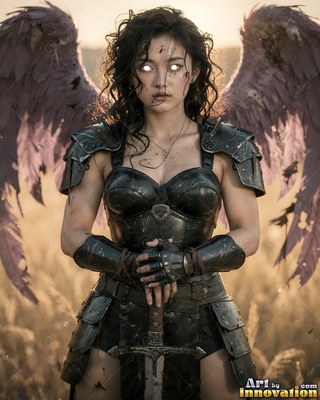 In a grassy field, a woman with wings in dark armor rests her hands on a sword hilt